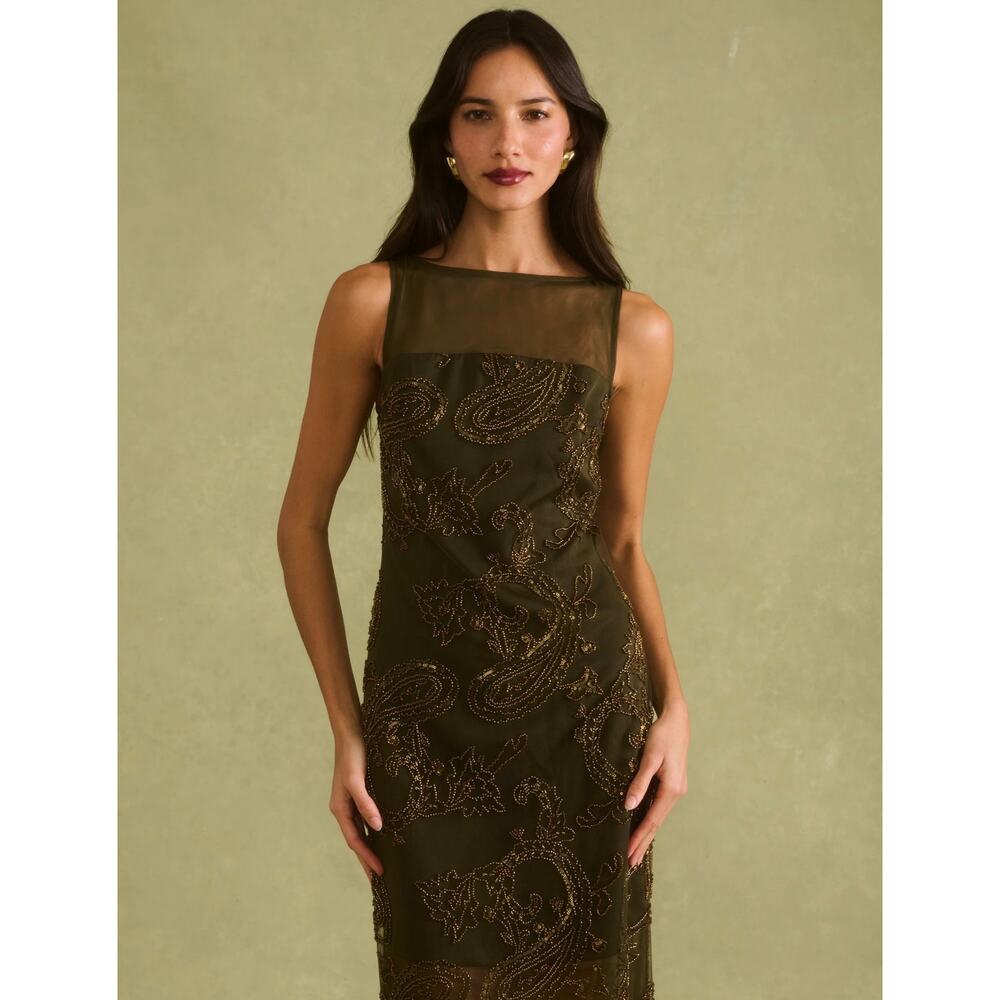 Sorella Atelier Ora beaded dress olive paisley $270 sz 4 - Picture 2 of 8